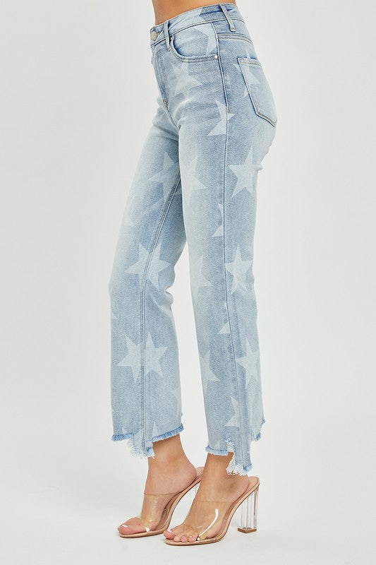 Högmidjade Raka Jeans med Stjärnmönster i Ljus Denim 3