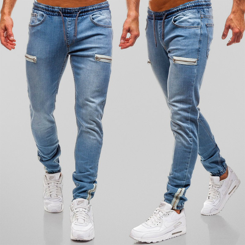 Herr Joggingbyxor Denim med Blixtlås i Mjuk Bomull 2