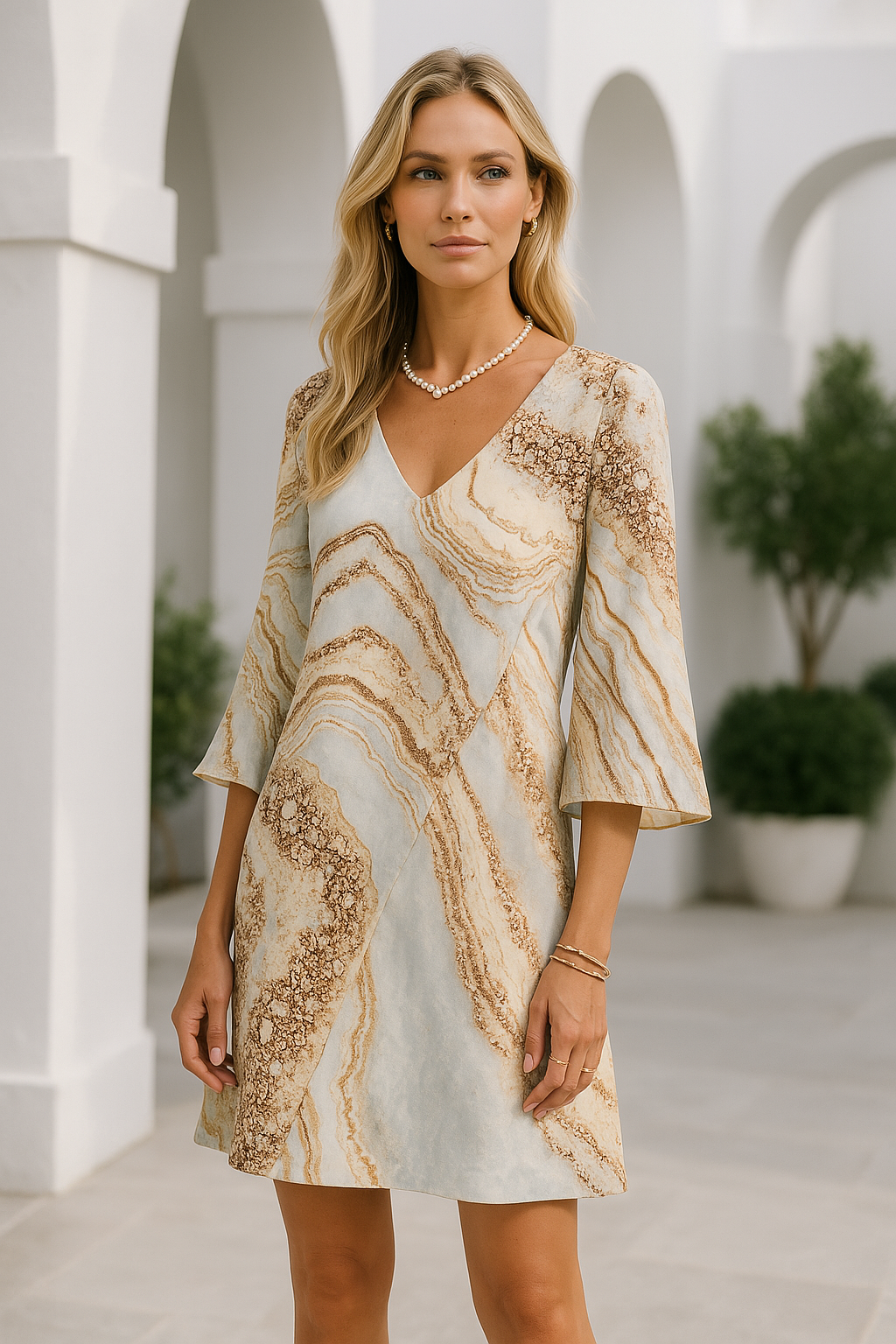 Korta Klänningar Dam V-Hals Abstrakt Mönster Lätt Silkeslen Textur 2