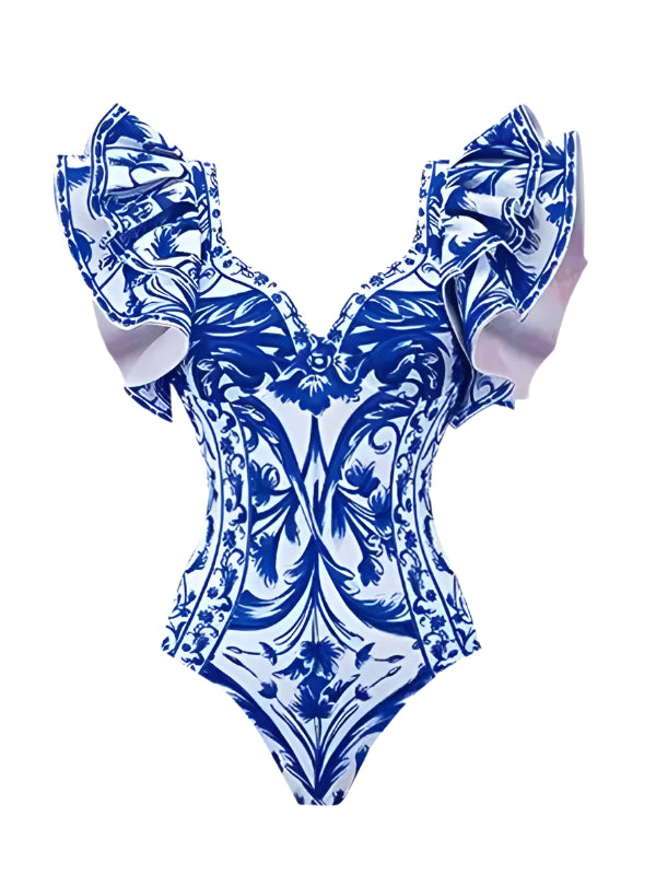 Kvinna Baddräkt med Blommönster och Kjol 0