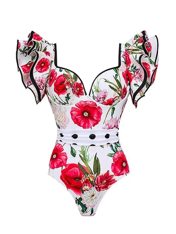 Kvinna Baddräkt med Blommönster och Kjol 6