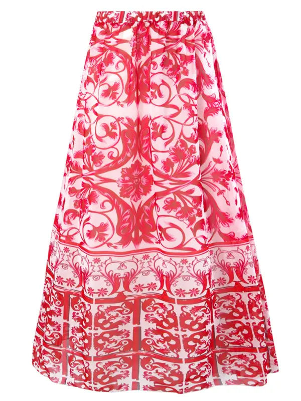 Kvinna Baddräkt med Blommönster och Kjol 7