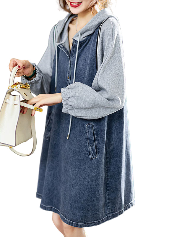 Kvinna Denim Mid Klänning med Huva och Fickor 0