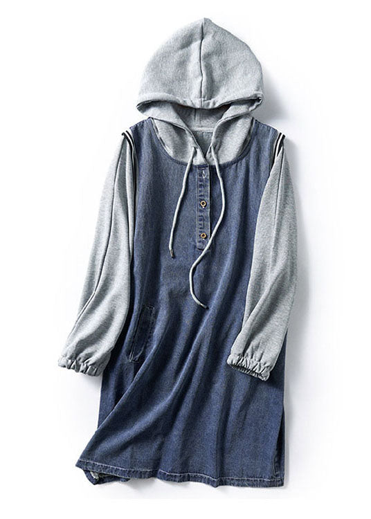 Kvinna Denim Mid Klänning med Huva och Fickor 3