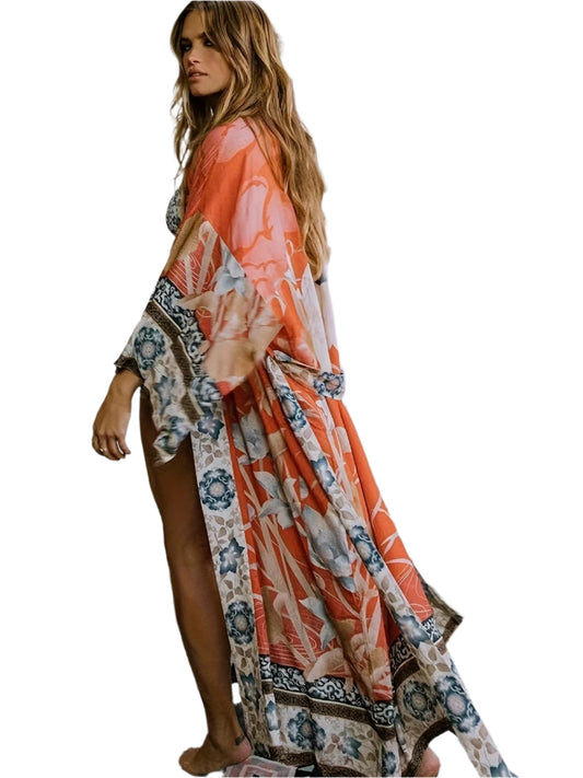 Kvinna Kimono Blommönster Lätt Material 0
