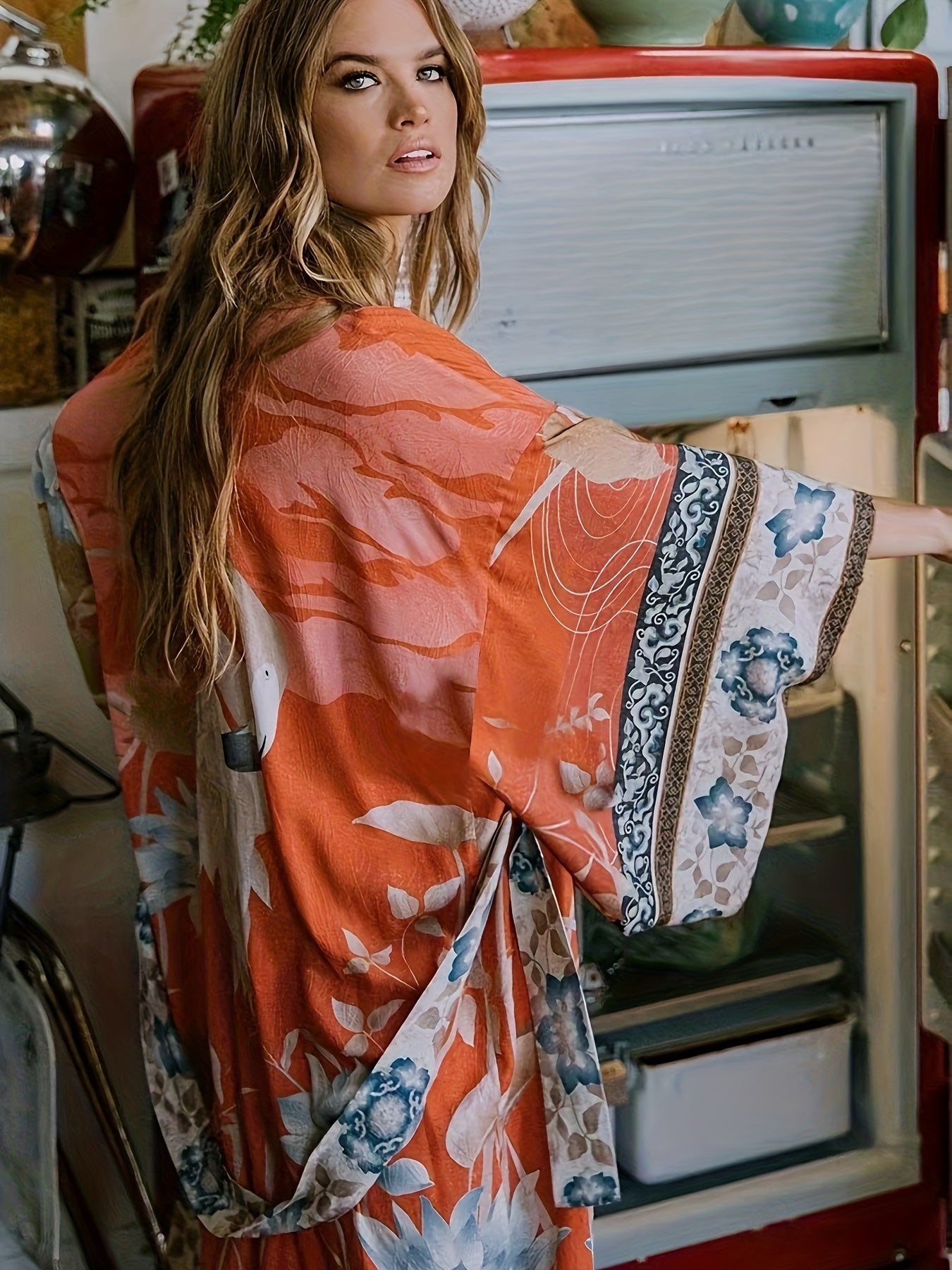 Kvinna Kimono Blommönster Lätt Material 1