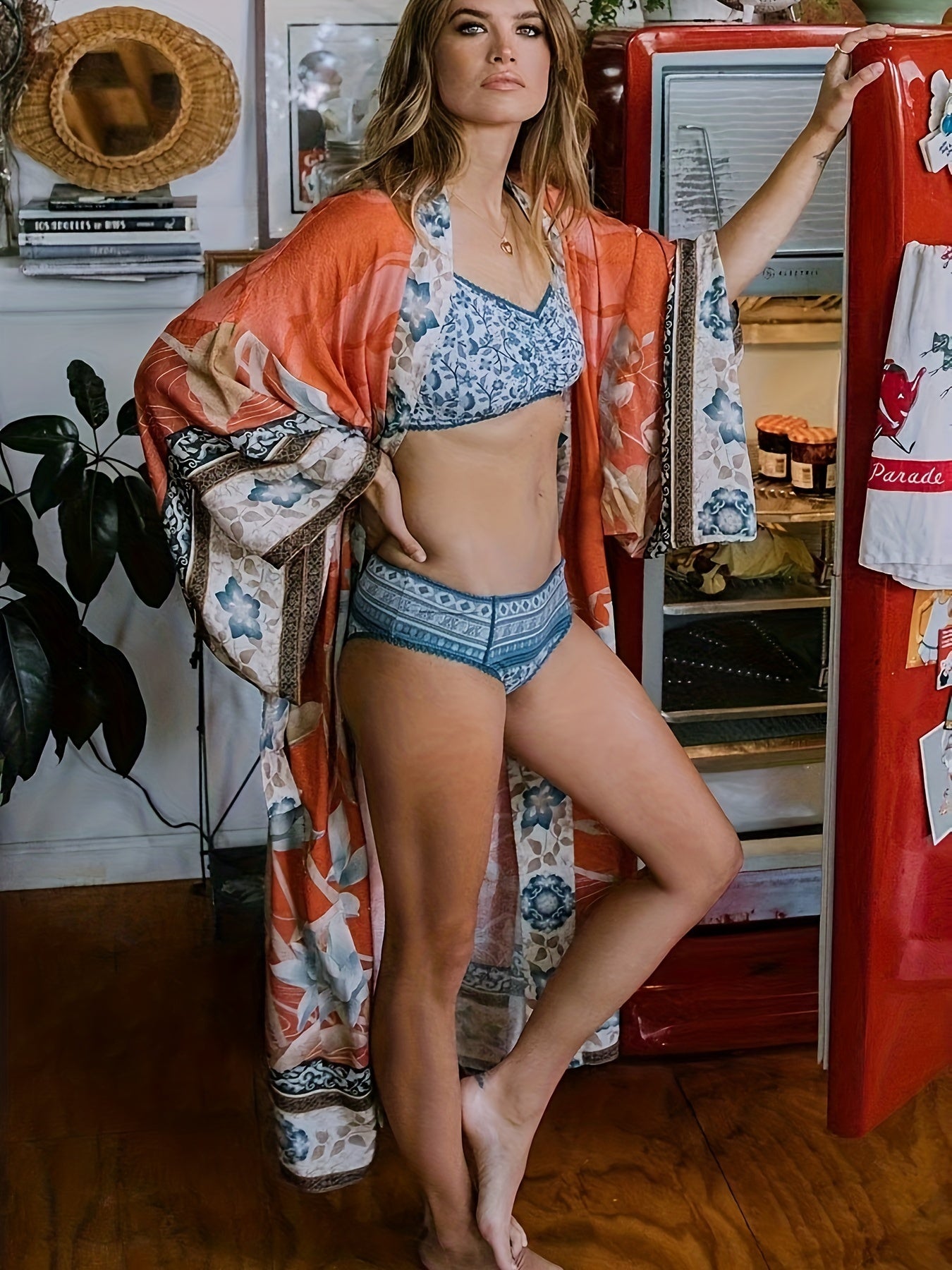 Kvinna Kimono Blommönster Lätt Material 2