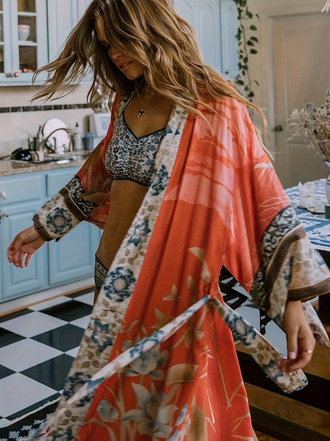 Kvinna Kimono Blommönster Lätt Material 3