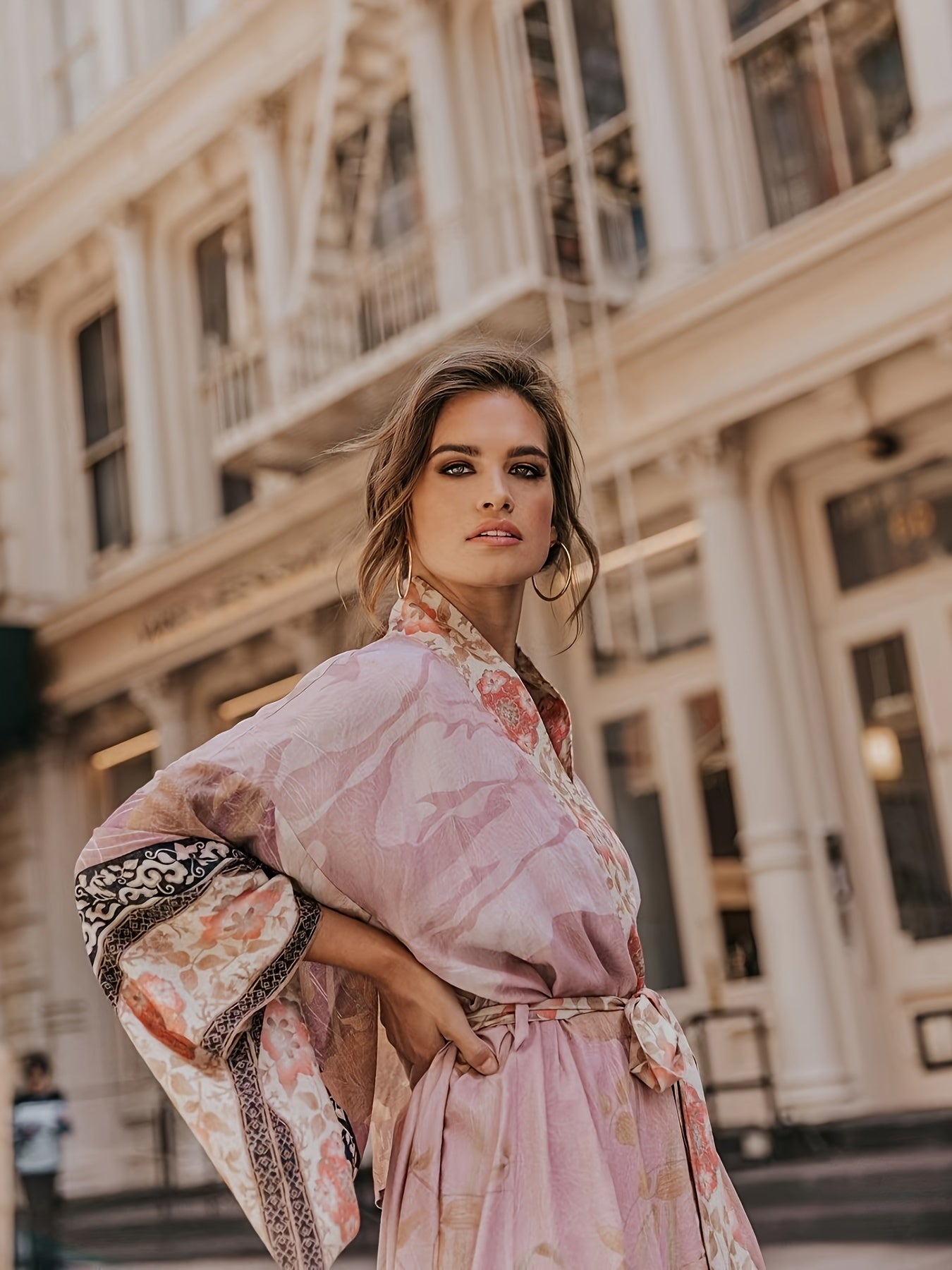 Kvinna Kimono Blommönster Lätt Material 7
