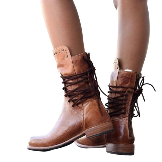 Kvinna Lace-Up Läderstövlar Klassisk Stil 0