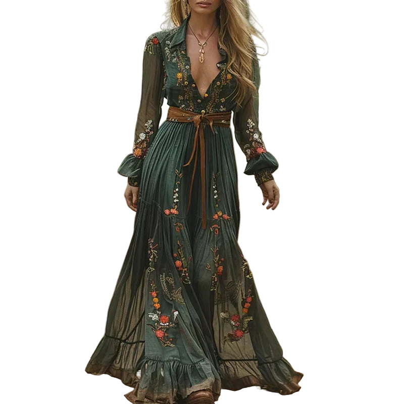 Kvinna Maxiklänning V-Ausschnitt Boho Stil 0