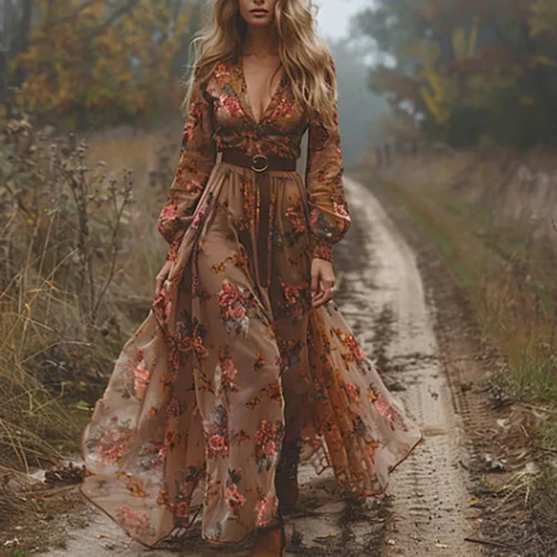 Kvinna Maxiklänning V-Ausschnitt Boho Stil 2