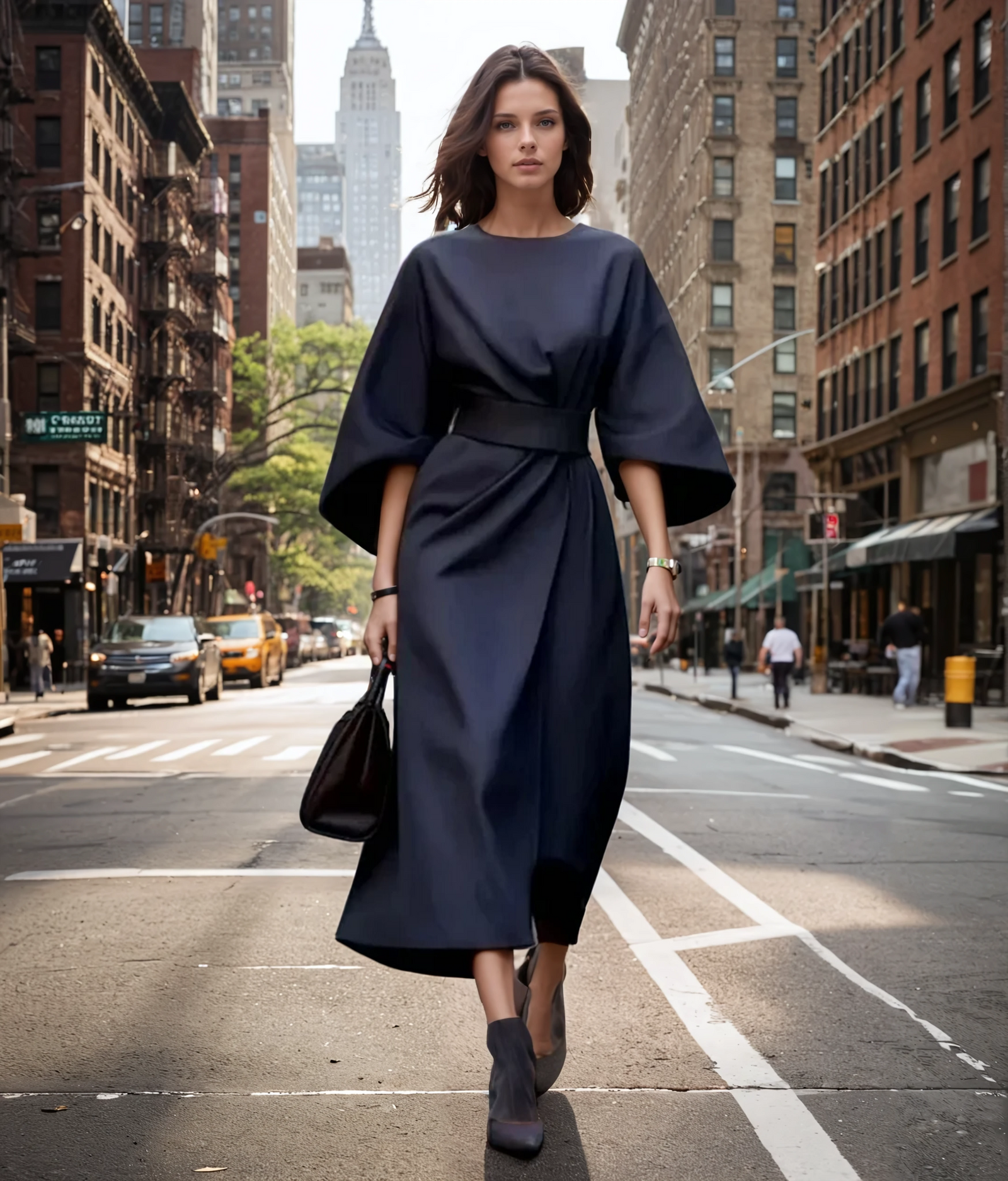 Kvinna Midi Klänning med Lantaarnmouwen och Ceintuur 1