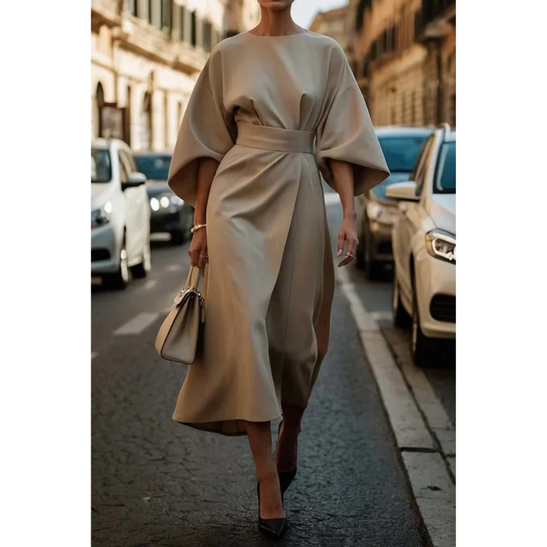 Kvinna Midi Klänning med Lantaarnmouwen och Ceintuur 6