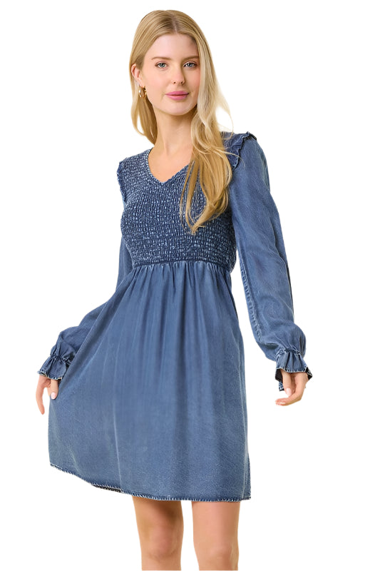 Kvinna Mini Klänning V-Hals Smockad Denim 0