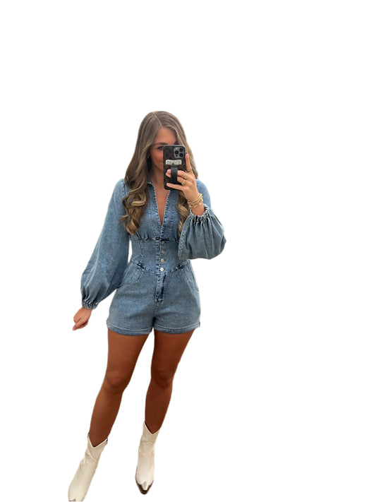 Kvinna Romper med Ballongärmar i Denim 0