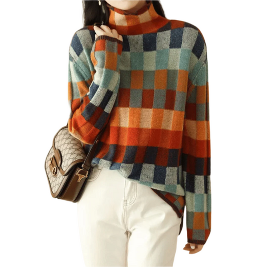 Kvinna Turtleneck Tröja Patchwork Design 0