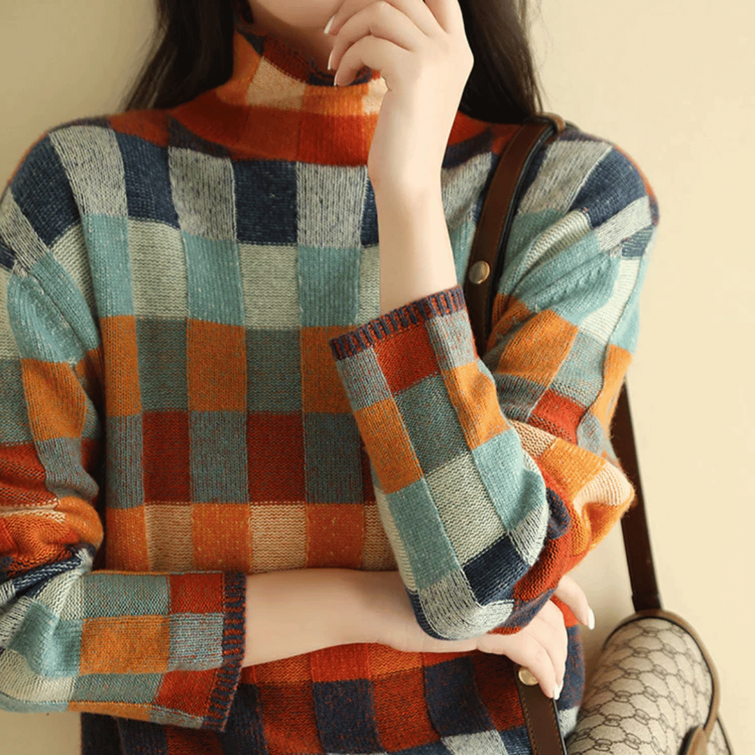 Kvinna Turtleneck Tröja Patchwork Design 5