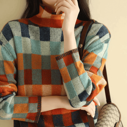 Kvinna Turtleneck Tröja Patchwork Design 5