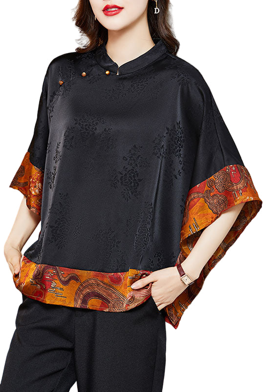 Kvinna Vintage Skjorta med Mandarin Krage och Asymmetrisk Design 0