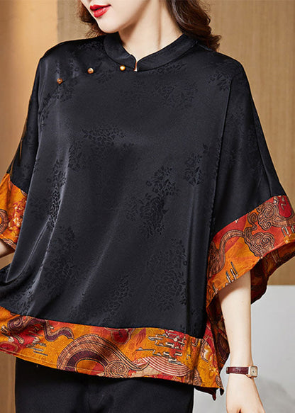 Kvinna Vintage Skjorta med Mandarin Krage och Asymmetrisk Design 3