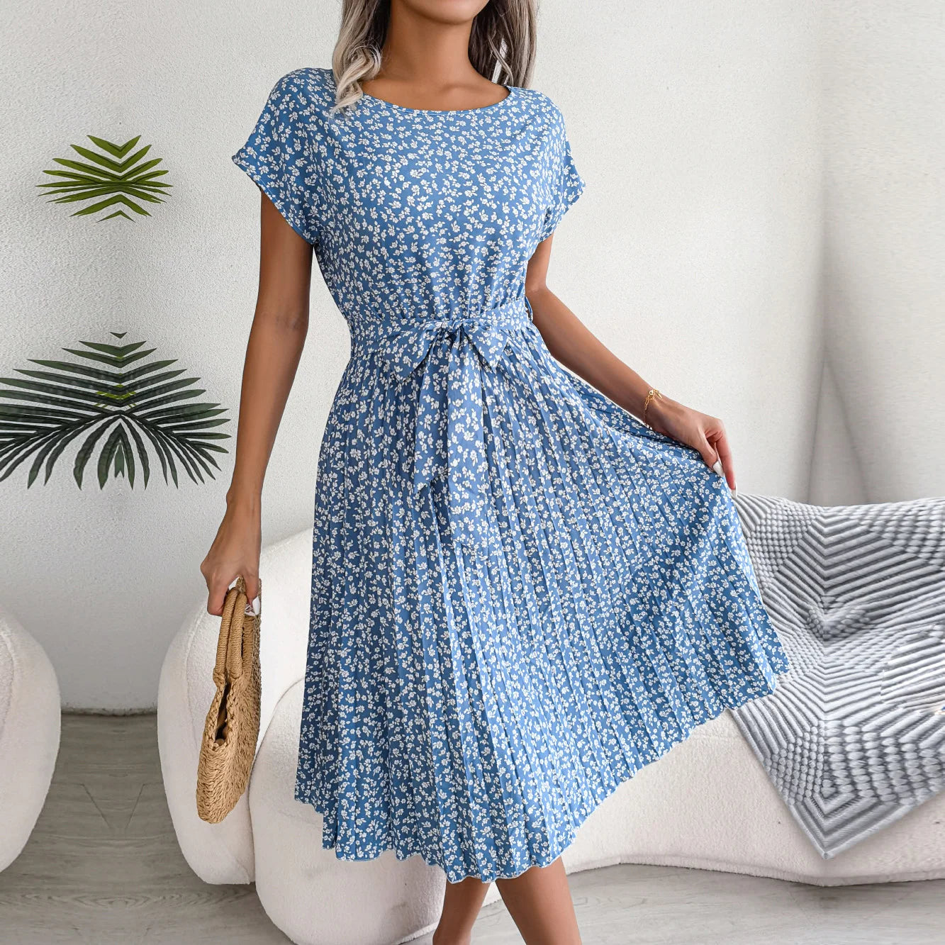 Kvinnors A-Line Klänning med Plisserad Design 9
