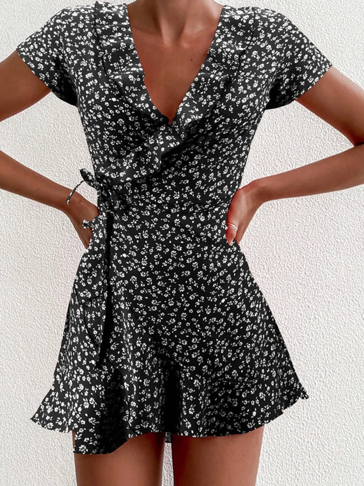 Kvinnors A-Line Klänning med Volanger V-Ringning 6
