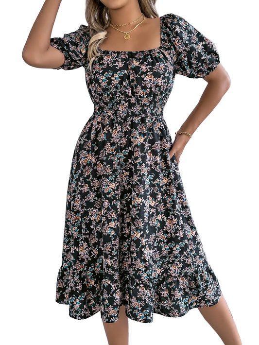 Kvinnors A-line Klänning med Blommig Design 1