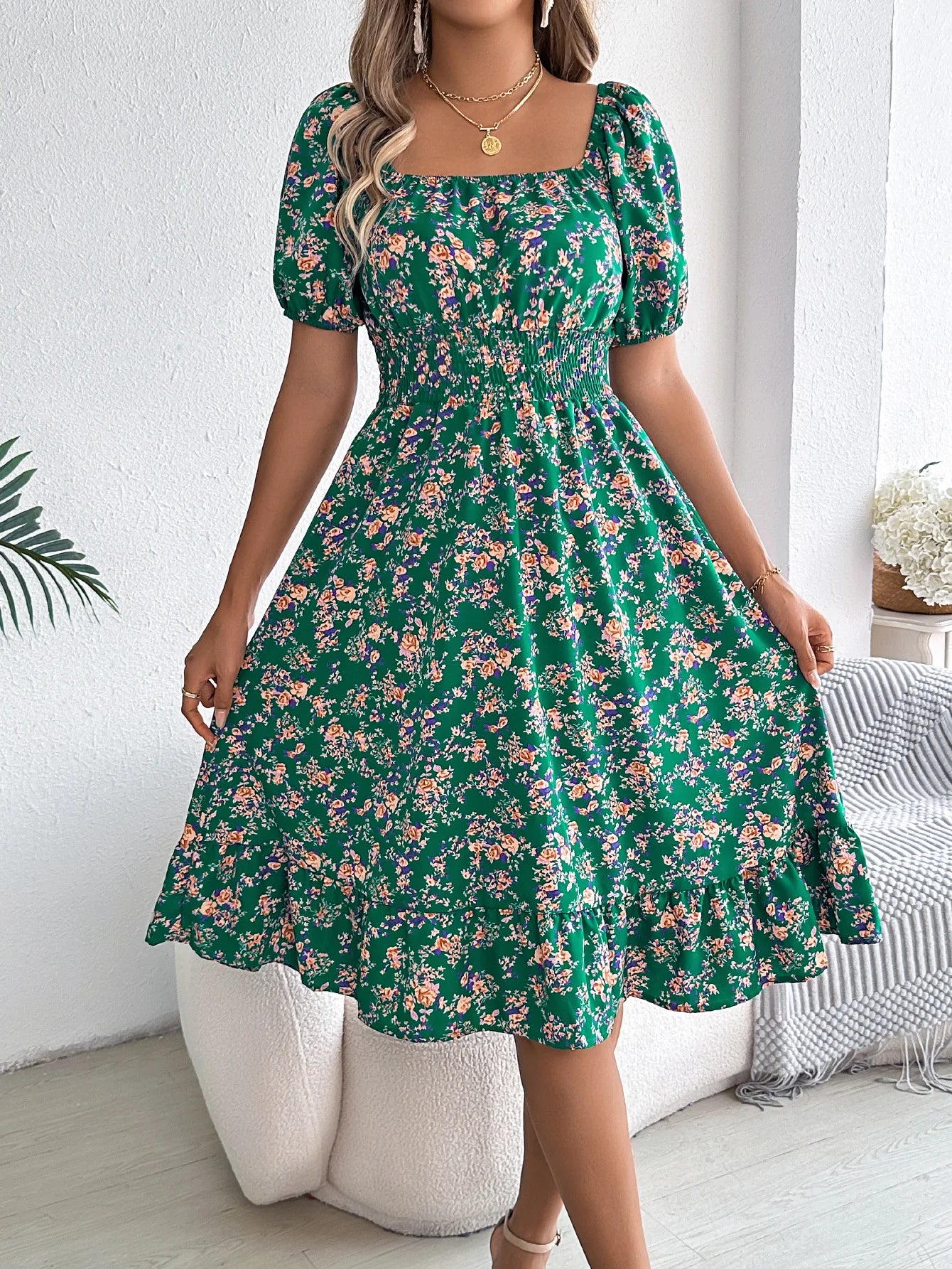 Kvinnors A-line Klänning med Blommig Design 9