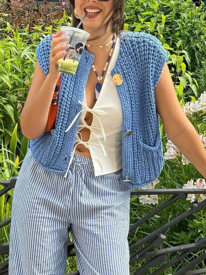 Kvinnors Ärmlös Cropped Cardigan med Fickor 2