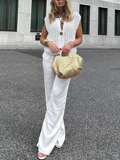 Kvinnors Ärmlös Cropped Cardigan med Fickor 4