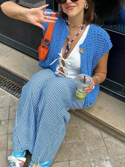 Kvinnors Ärmlös Cropped Cardigan med Fickor 5