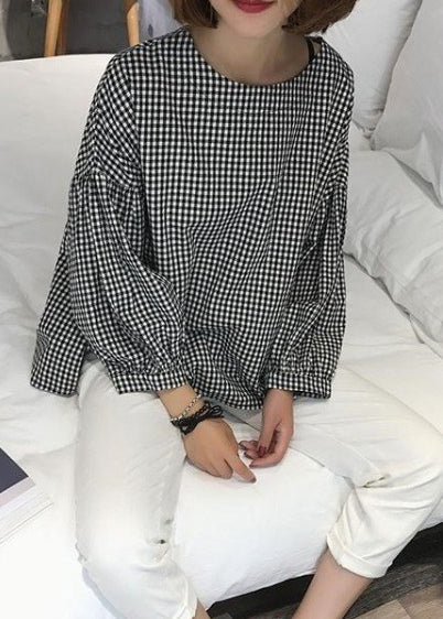 Kvinnors Asymmetrisk Blus Rutig Bomullsdesign 0