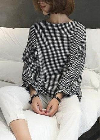 Kvinnors Asymmetrisk Blus Rutig Bomullsdesign 1