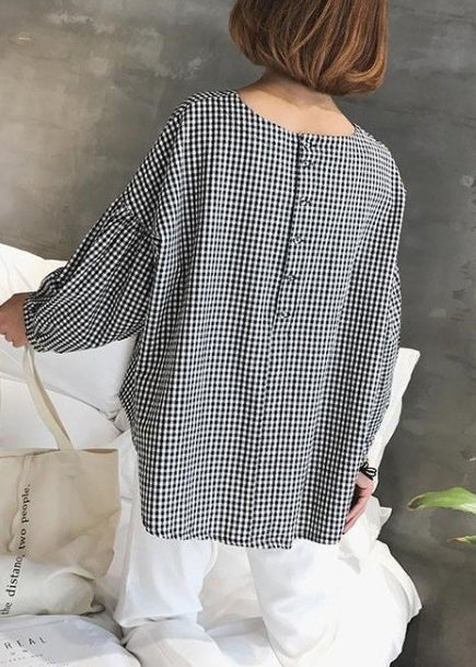 Kvinnors Asymmetrisk Blus Rutig Bomullsdesign 2