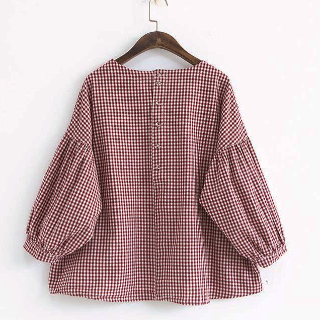 Kvinnors Asymmetrisk Blus Rutig Bomullsdesign 6