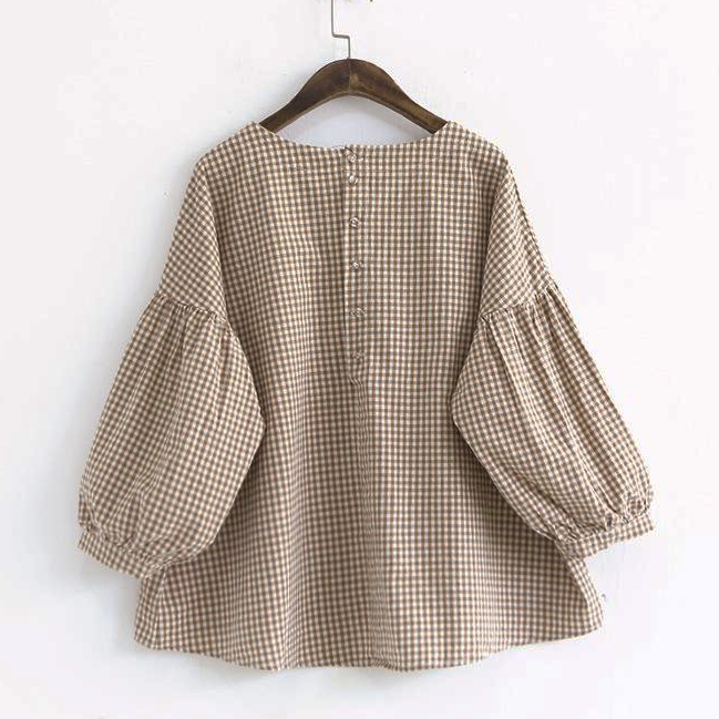 Kvinnors Asymmetrisk Blus Rutig Bomullsdesign 7