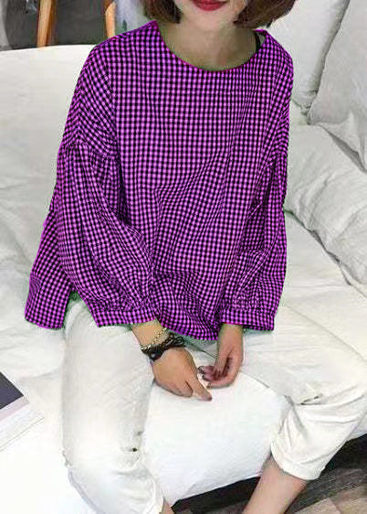 Kvinnors Asymmetrisk Blus Rutig Bomullsdesign 8