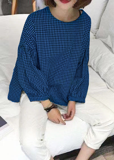 Kvinnors Asymmetrisk Blus Rutig Bomullsdesign 9