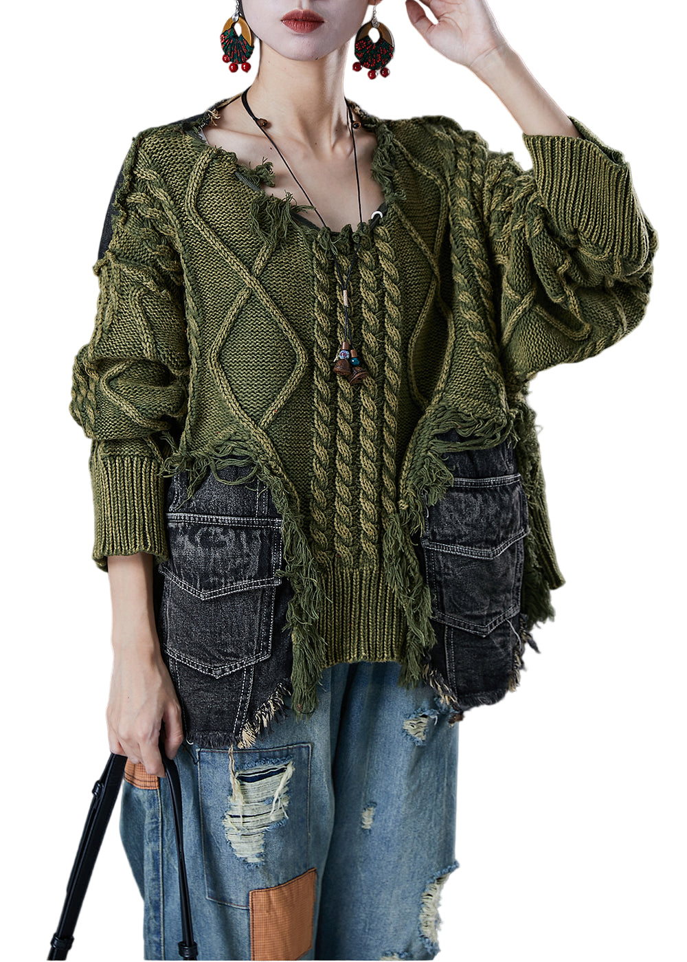 Kvinnors Asymmetrisk Denim Tröja med Rippade Detaljer 0