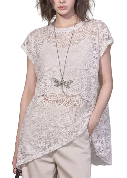 Kvinnors Asymmetrisk Spets T-shirt 0