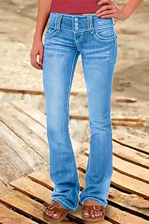 Kvinnors Bell Bottom Jeans Med Fickor Trendig Silhuett 1