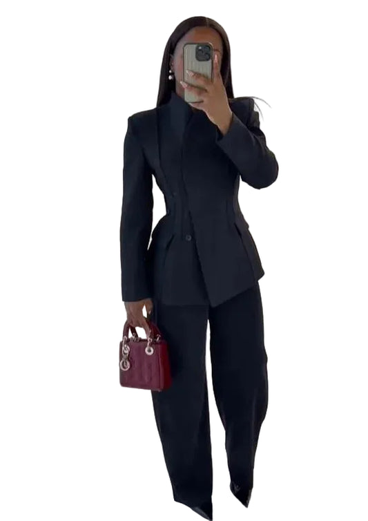 Kvinnors Blazer Set med V-ringning och Vida Ben 0