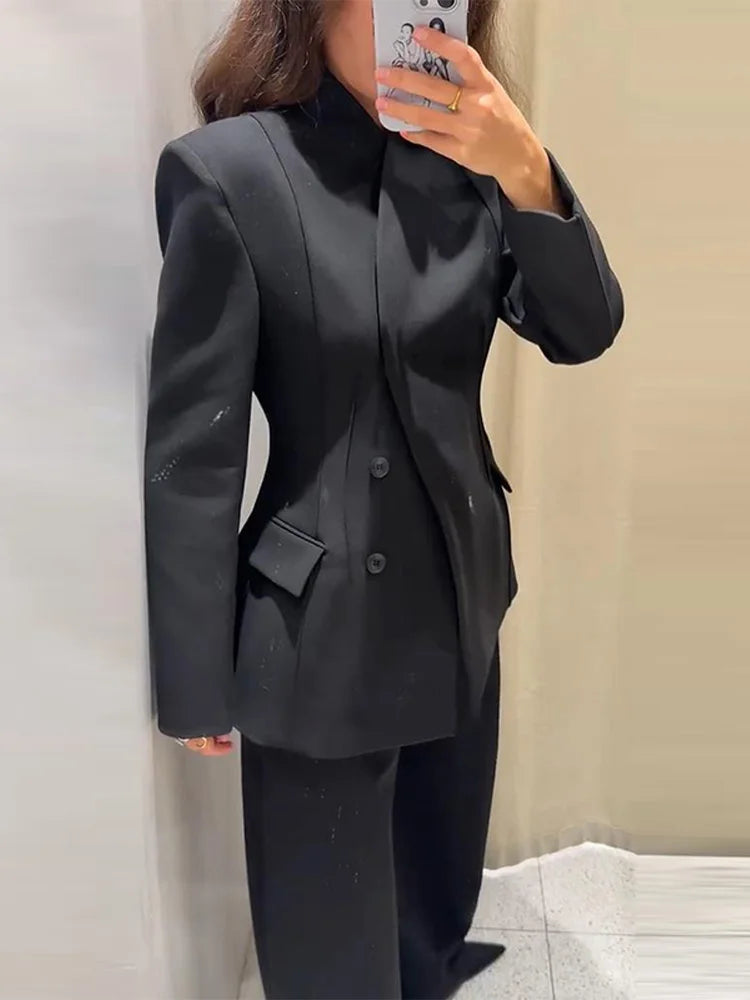 Kvinnors Blazer Set med V-ringning och Vida Ben 1