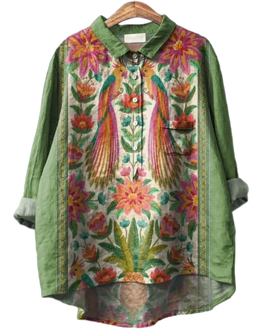 Kvinnors Blommig Button Down Skjorta Klassisk Stil 0