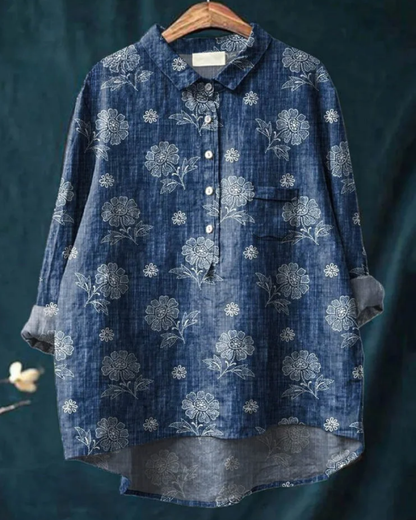 Kvinnors Blommig Button Down Skjorta Klassisk Stil 2