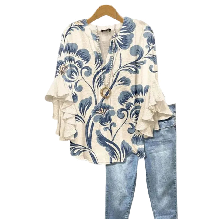 Kvinnors Blus Blommönster med Volangärmar 0