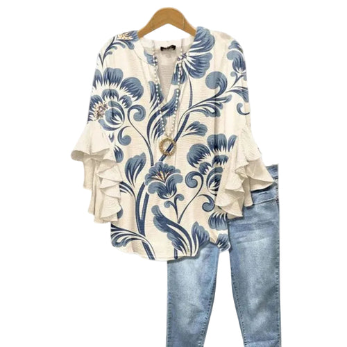 Kvinnors Blus Blommönster med Volangärmar 0