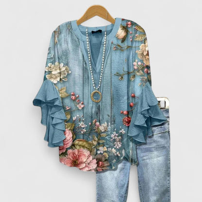 Kvinnors Blus Blommönster med Volangärmar 5