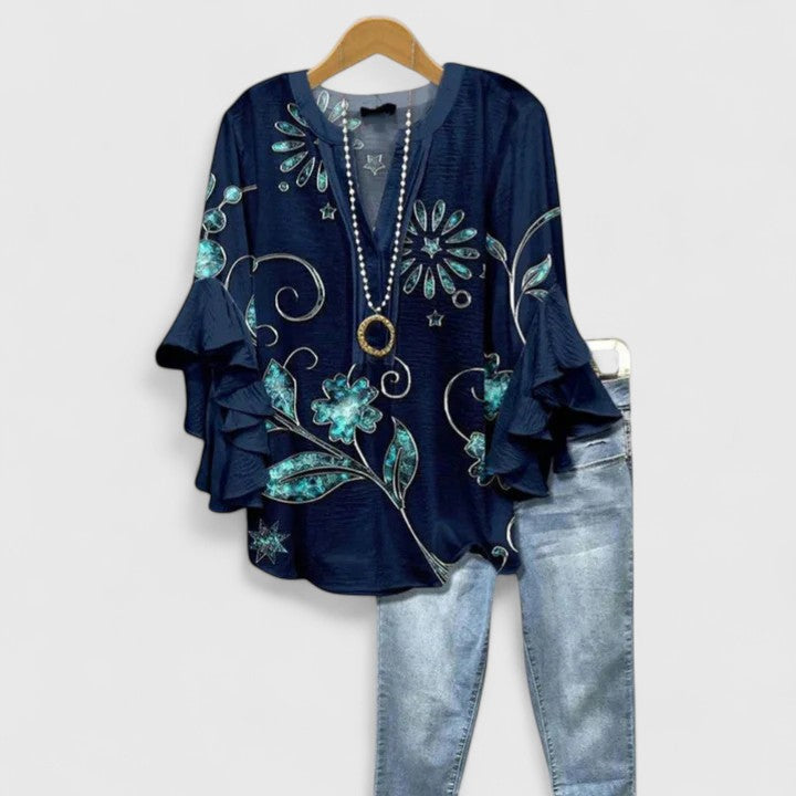 Kvinnors Blus Blommönster med Volangärmar 8